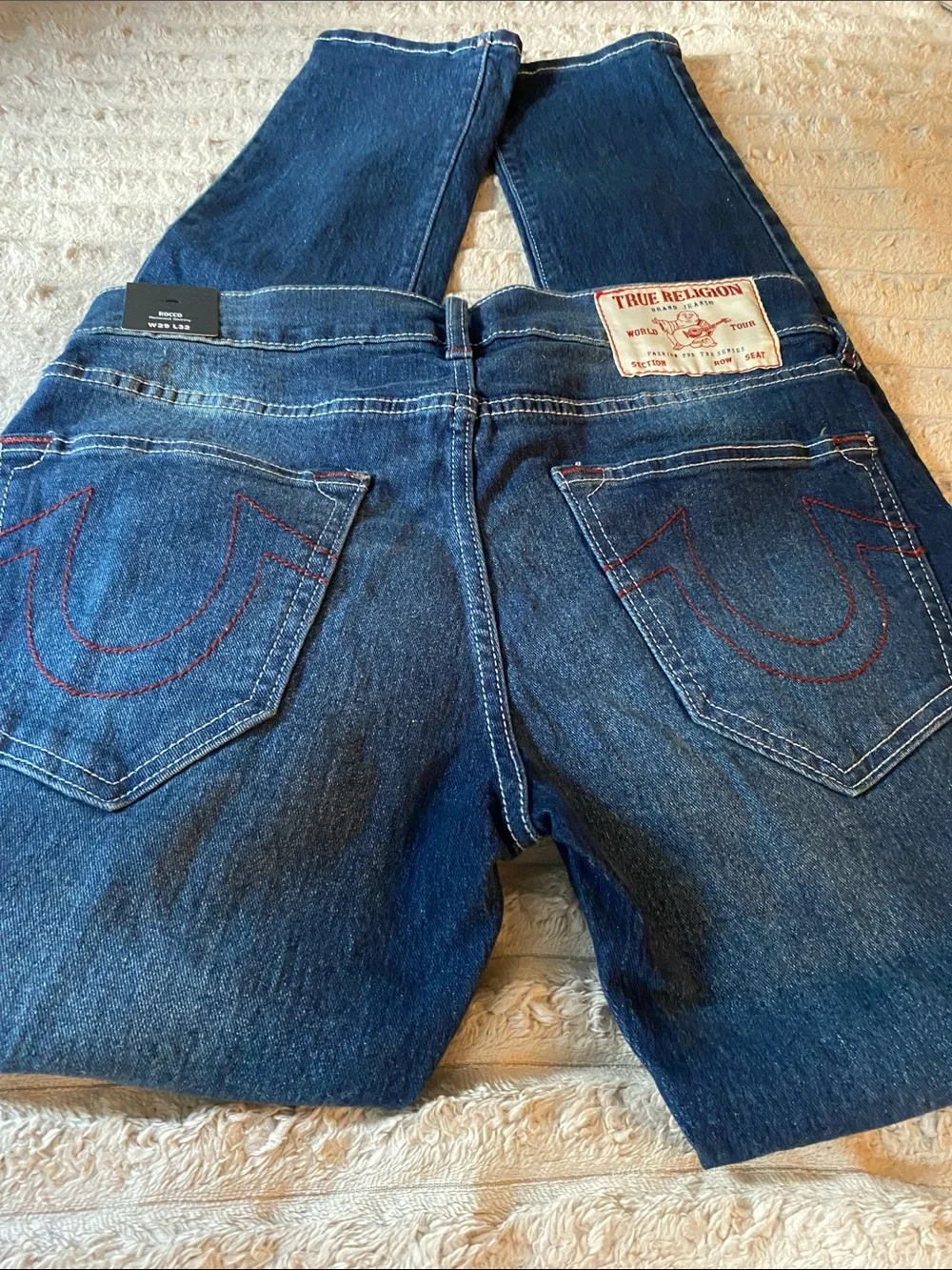 True Religion Men Blue Rocco SK Skinny Jeans with Red Stitching